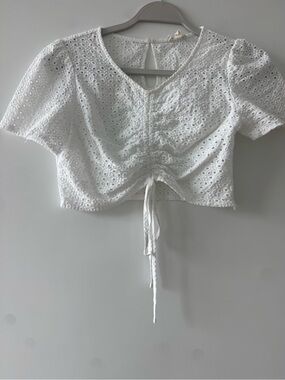 White Eyelet Drawstring Crop Top